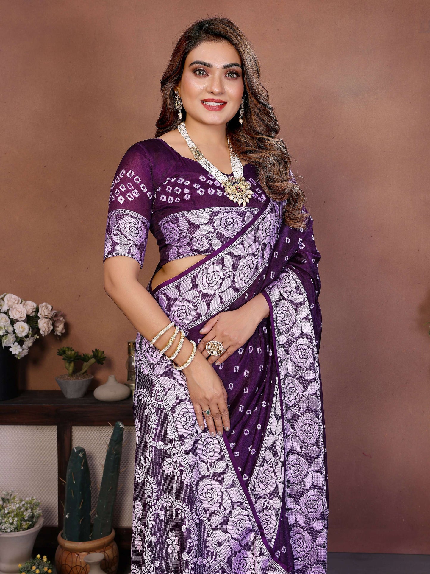Aastha Fashion Purple Viscose Silk Handmade Original Bandhej Saree