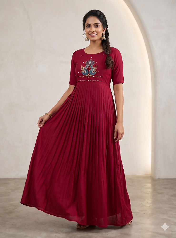 Teeya Creation Women's New Trendy Rani Pink Pleated Maxi Dress with Intricate Peacock Beadwork