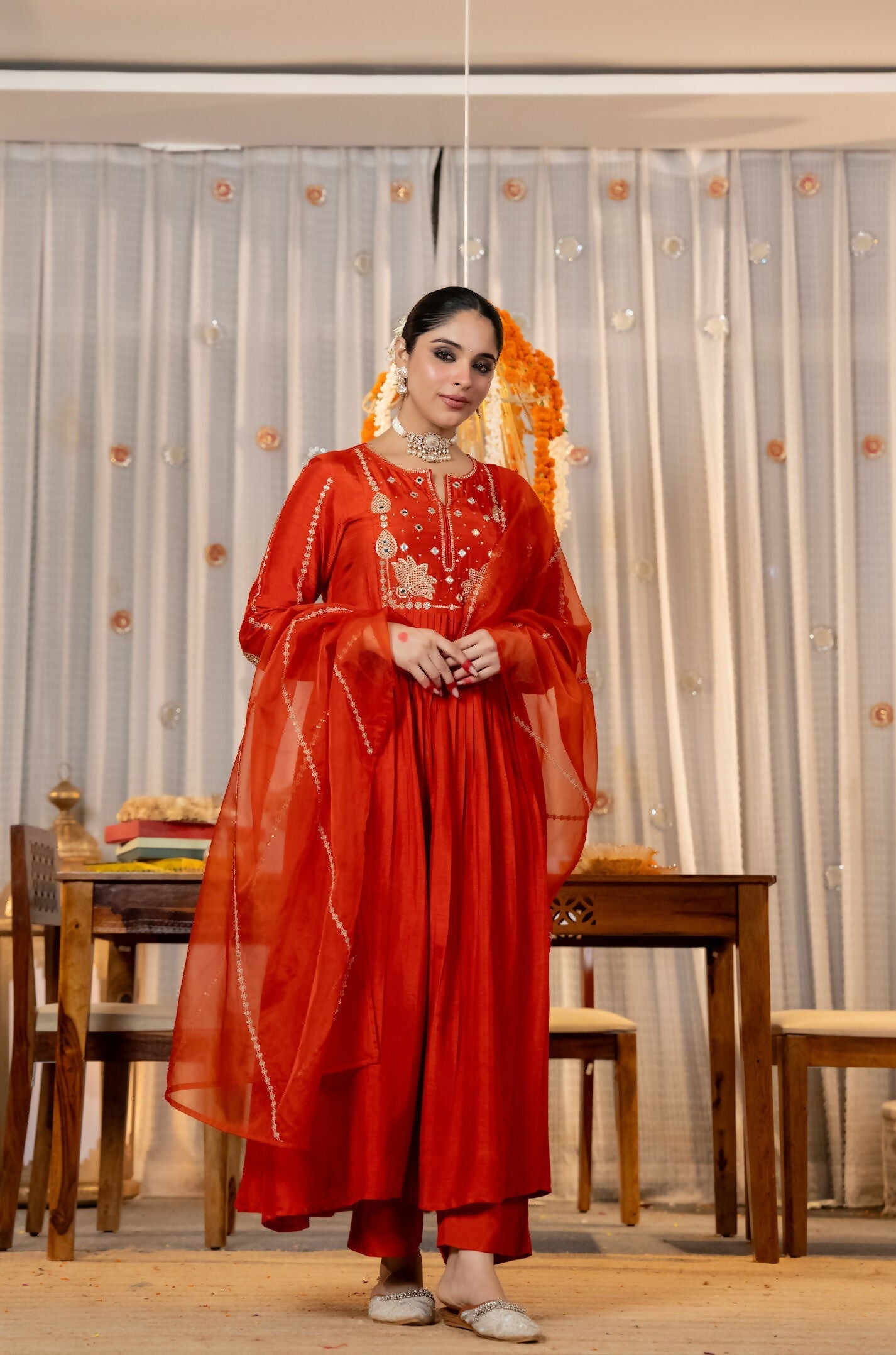 The52 Women's Gorgeous Embroidery Work Chanderi Silk Fabric Flared Kurta Pant and Dupatta Set