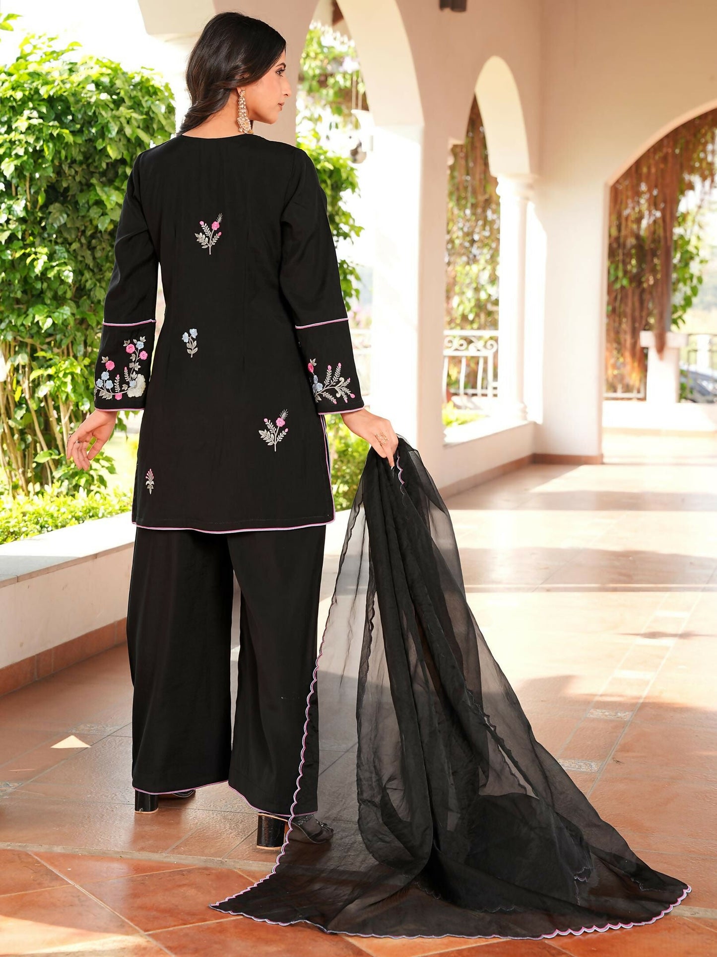 Nikhaar Black Embroidered Art Silk Stitched Straight Cut Kurta Culottes Dupatta Readymade Suit