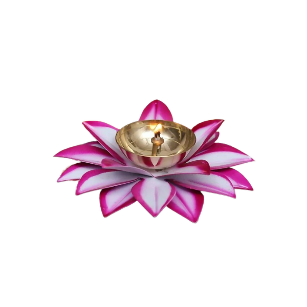 CraftVatika Brass Lotus Diya Deepak Oil Lamp -White Pink