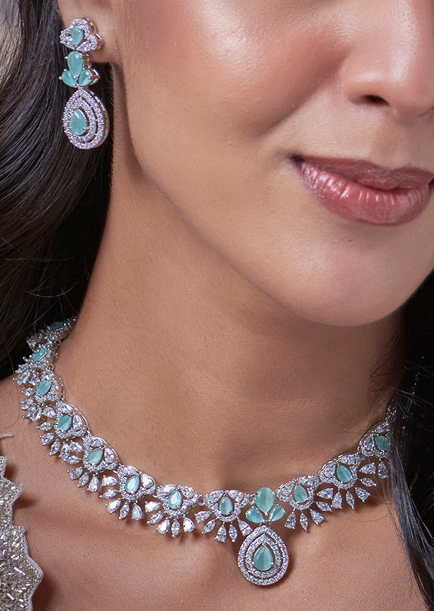 White Finish Zircon And Aqua Blue Stones Necklace Set