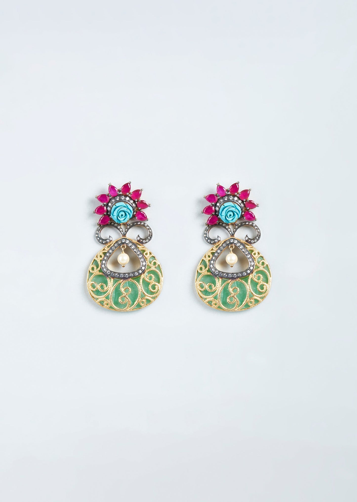 White Finish Zircons Multicolour Dangler Earrings