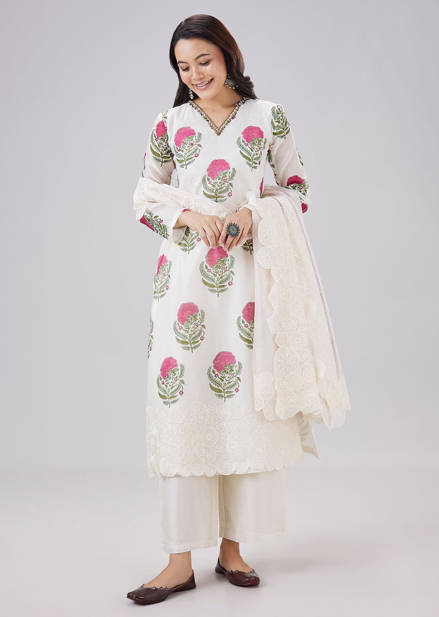 White Chanderi Hand Block Print Kurta Set With Zardosi Accents And Cutwork Dupatta
