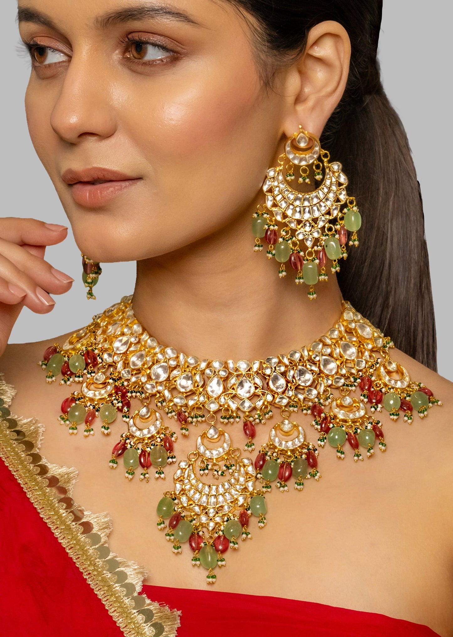 Multi Colour Kundan Polki Diamond Bridal Necklace Set
