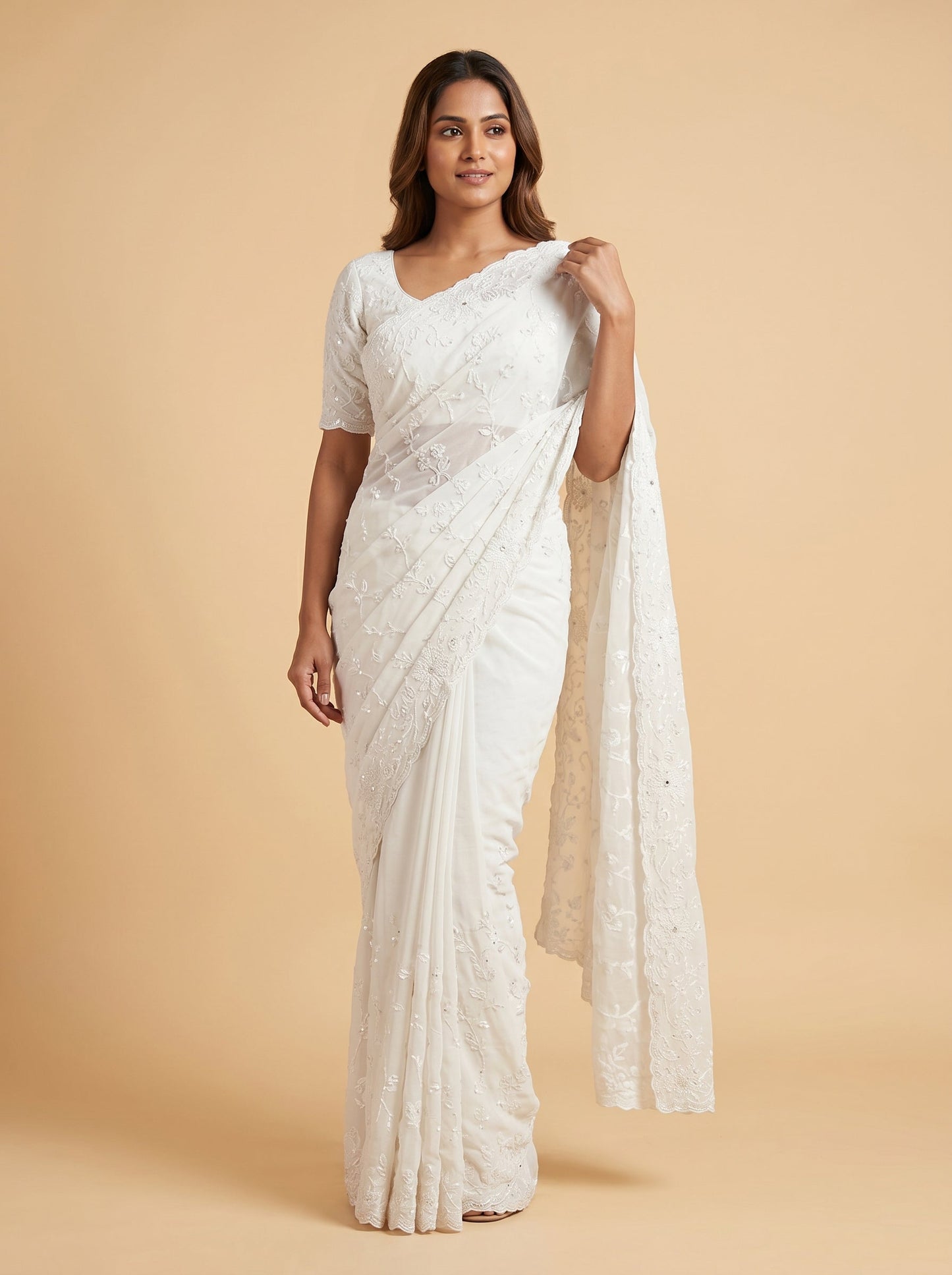 White Pure Embellishment Embroidered Saree