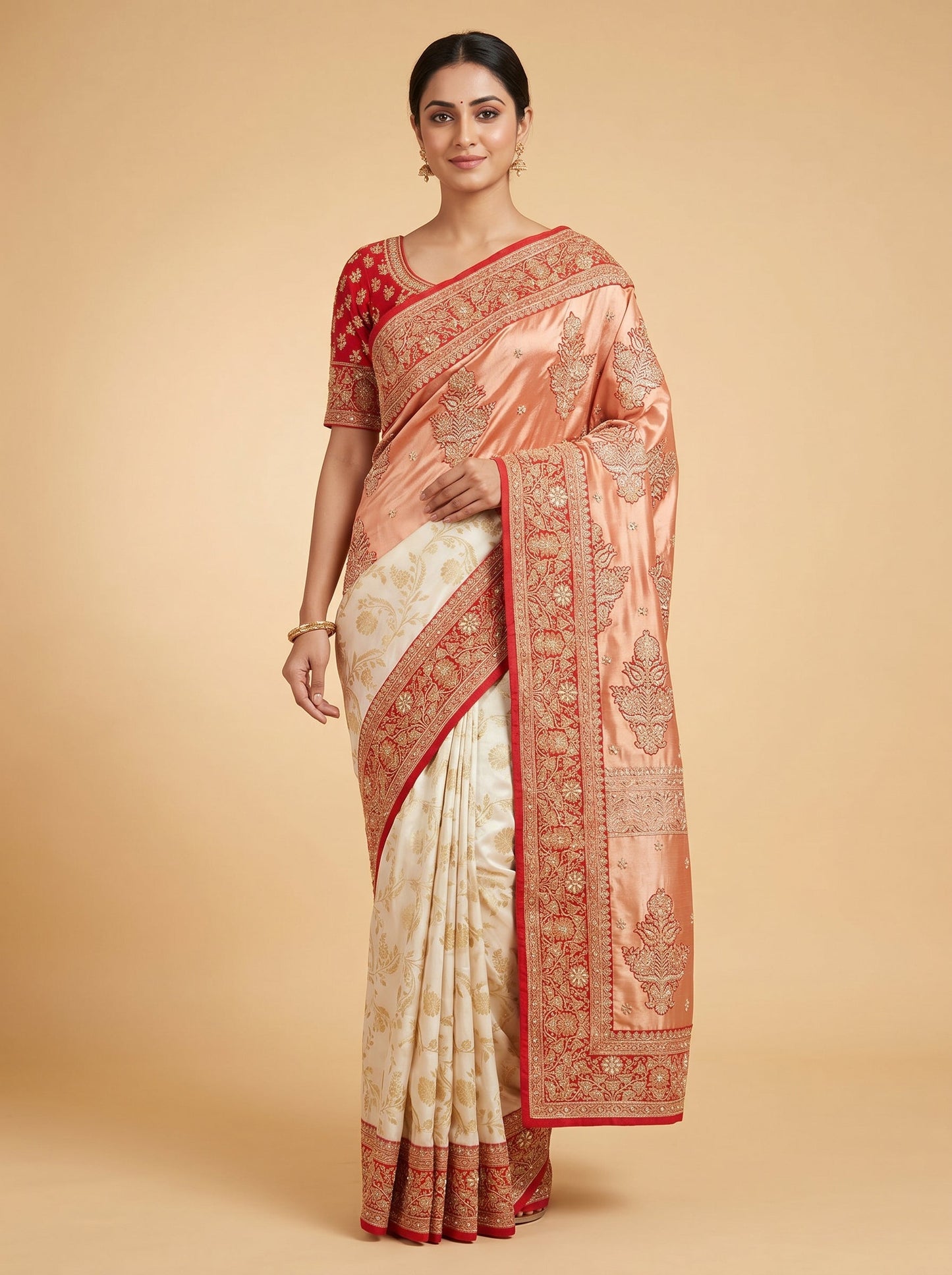 White Red Contrast Embroidered Saree