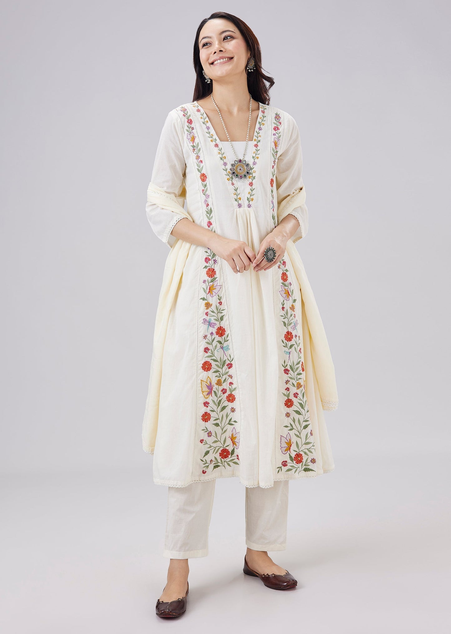 White Mulmul Embroidered Anarkali Set With Dupatta