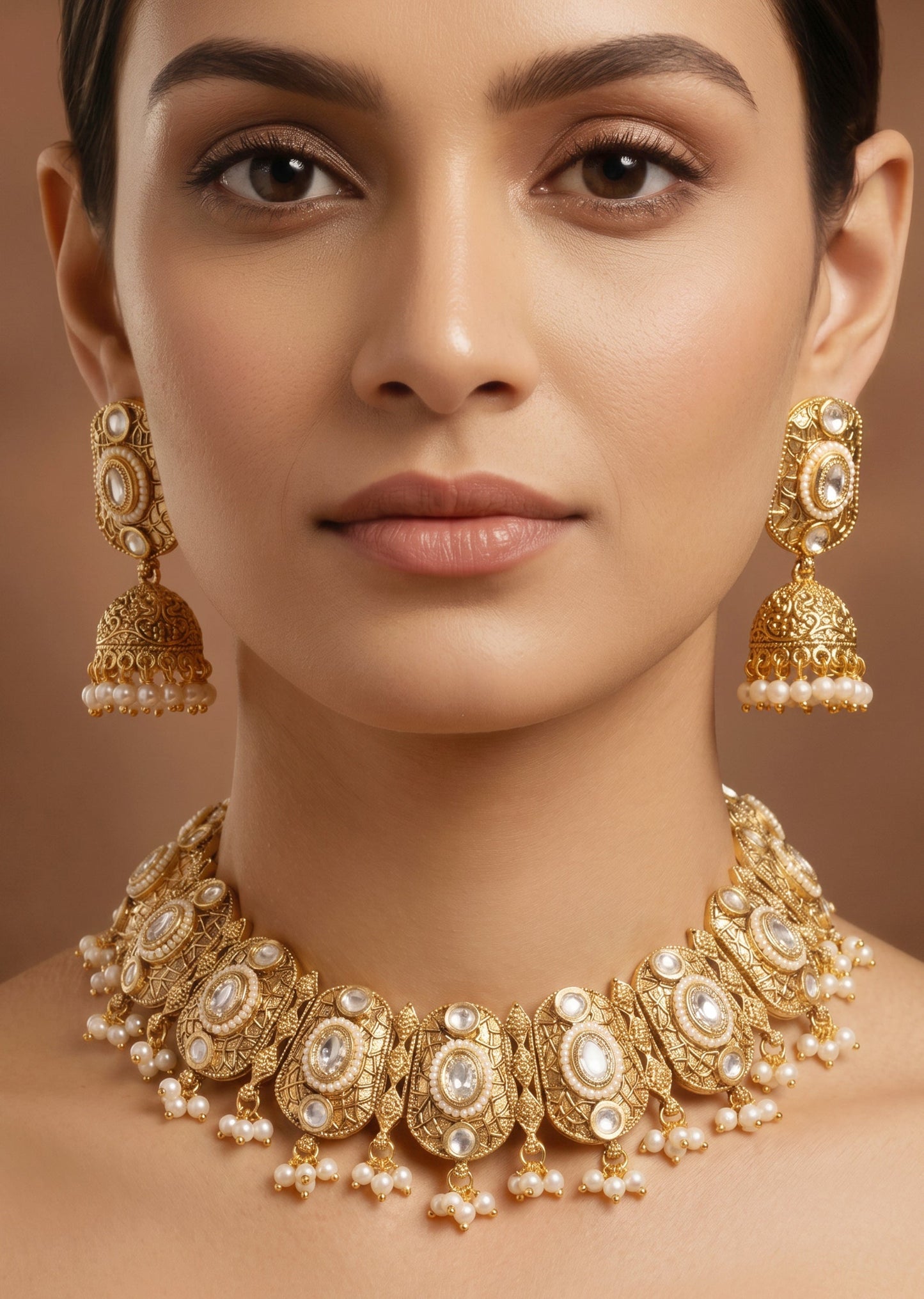 White Stone And Pearl Kundan Rajwadi hoker Set