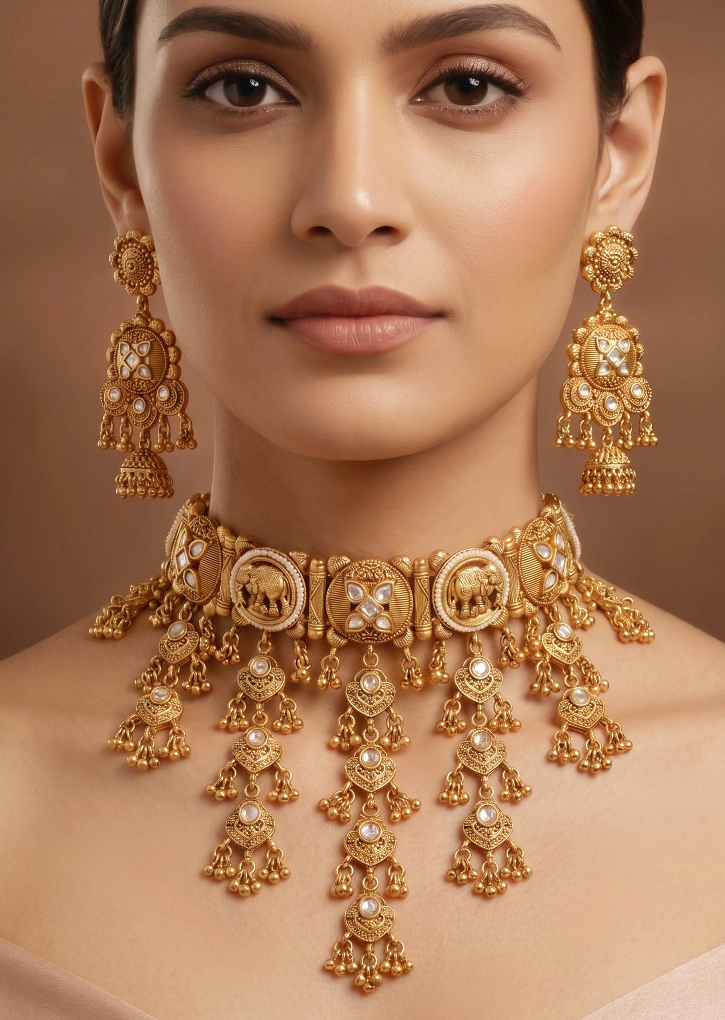 White Stone Kundan Necklace Set With Bead Drops