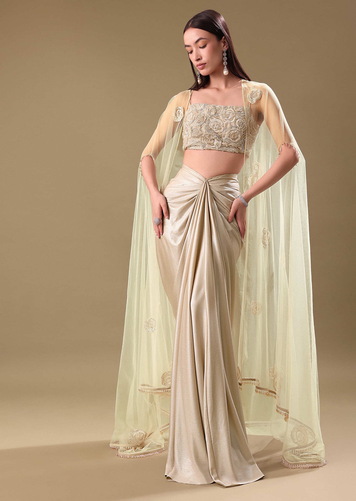 White Drape Skirt Set With Jacket