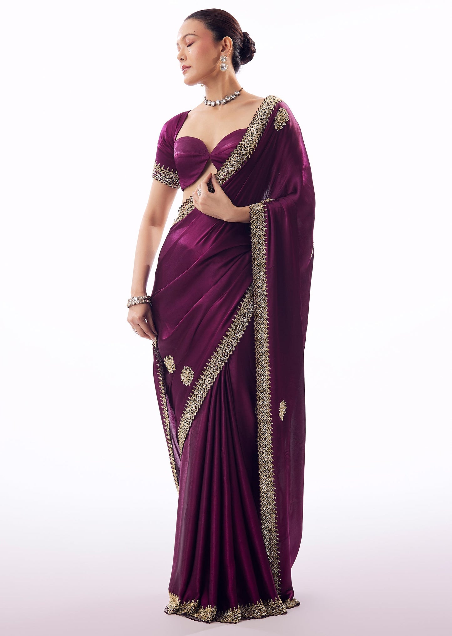 Wine Chinon Saree With Zigzag Cutwork Border And Cutdana Sequin Embroidery