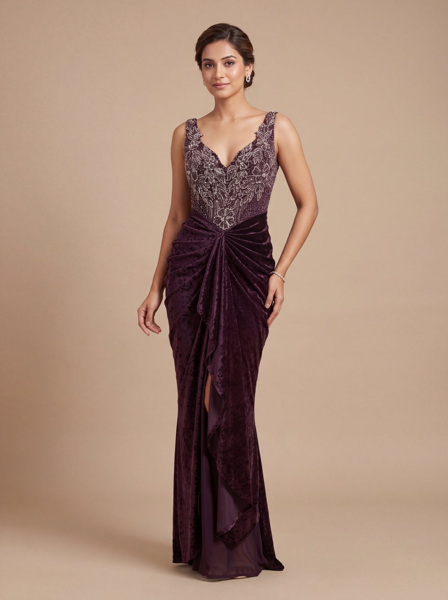 Wine Contemporary Gown With Sequin Embroidery Fitted Flare