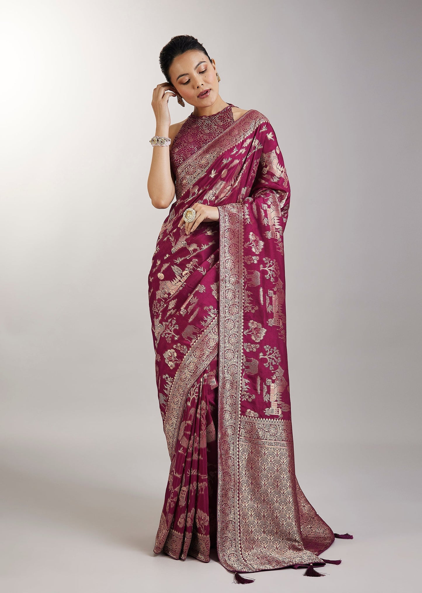 Wine Dola Silk Jungla Jaal Saree