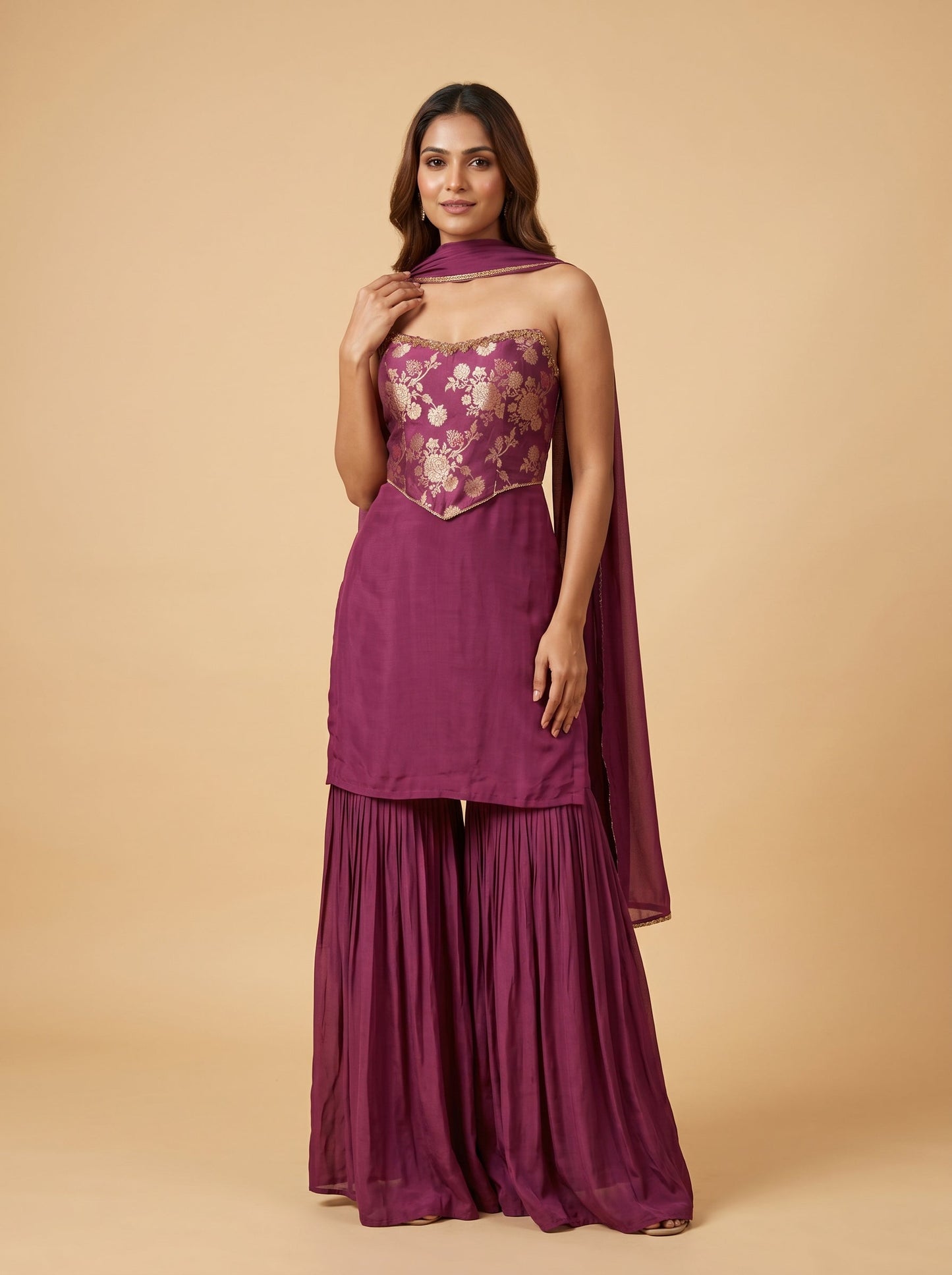Wine Draped Indowestern Skirt Set With Embroidered Blouse
