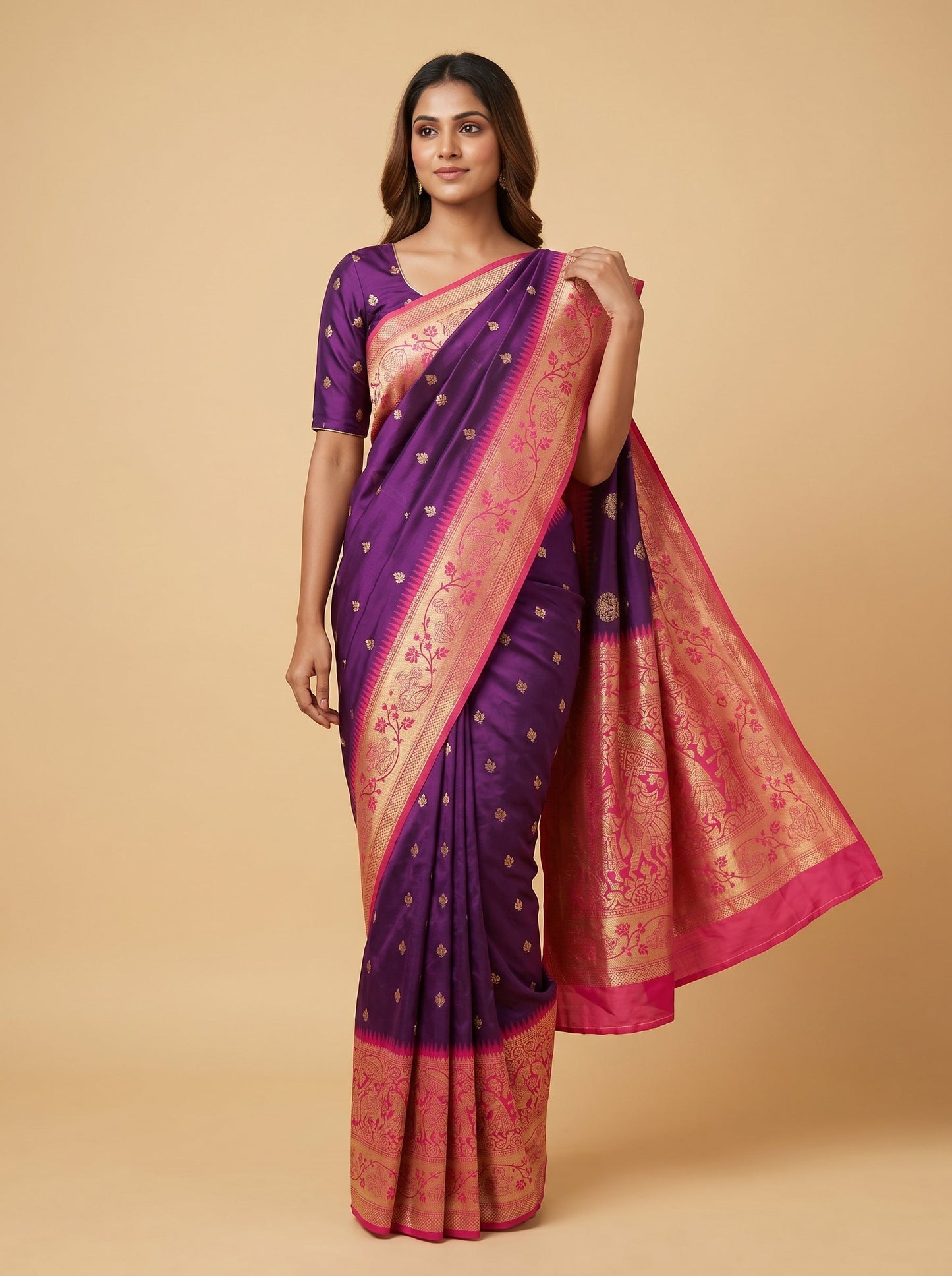 Wine Handloom Saree With Pink Designer Border