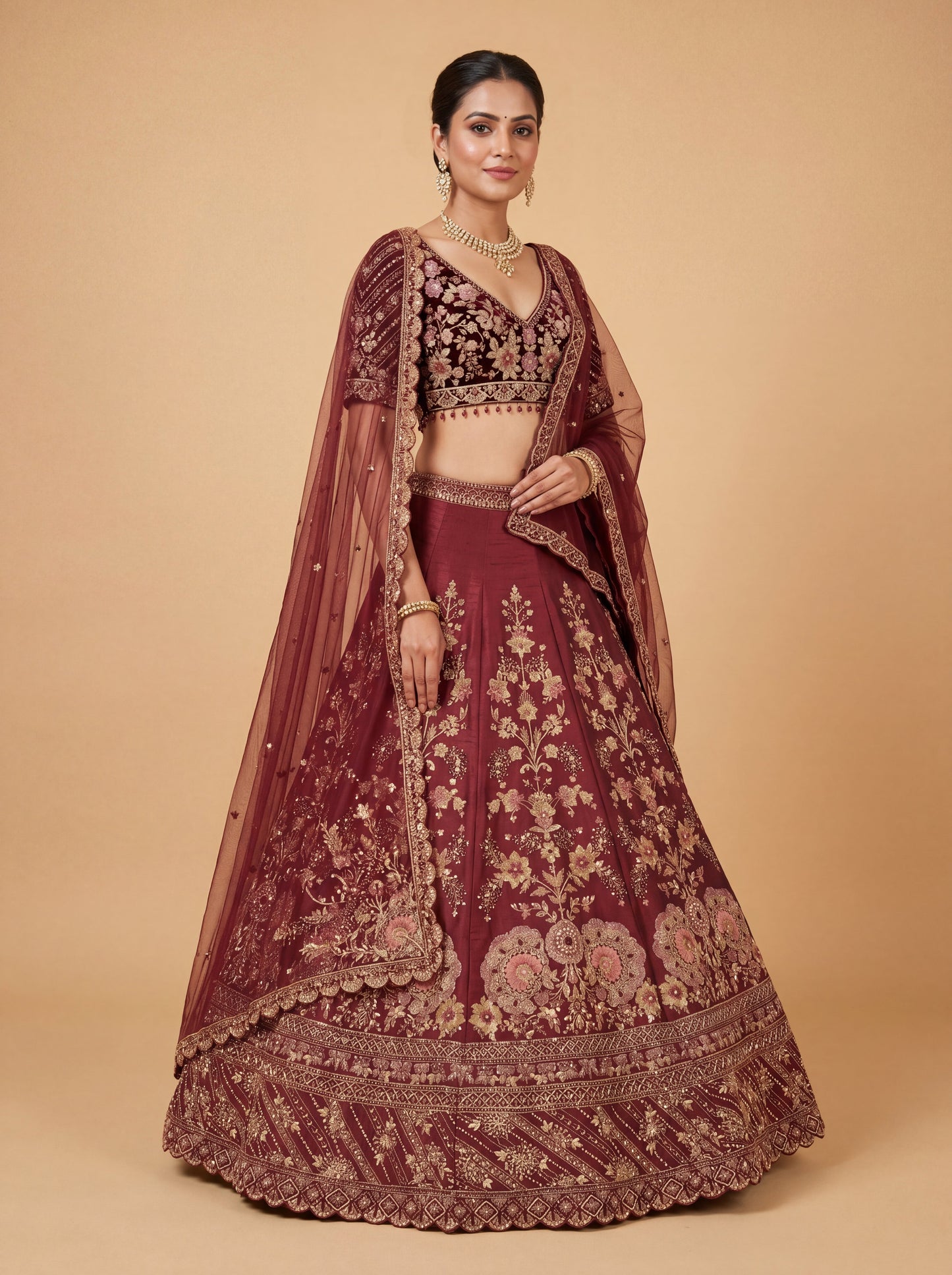 Wine Pheras Bridal Lehenga With Rich Embroidery Classic Volume