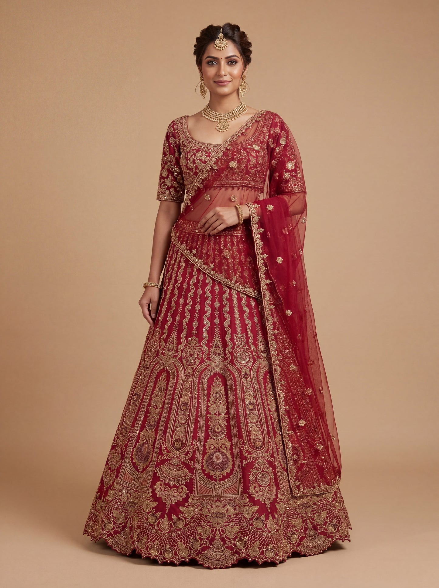 Wine Pheras Bridal Lehenga With Rich Embroidery Voluminous Skirt