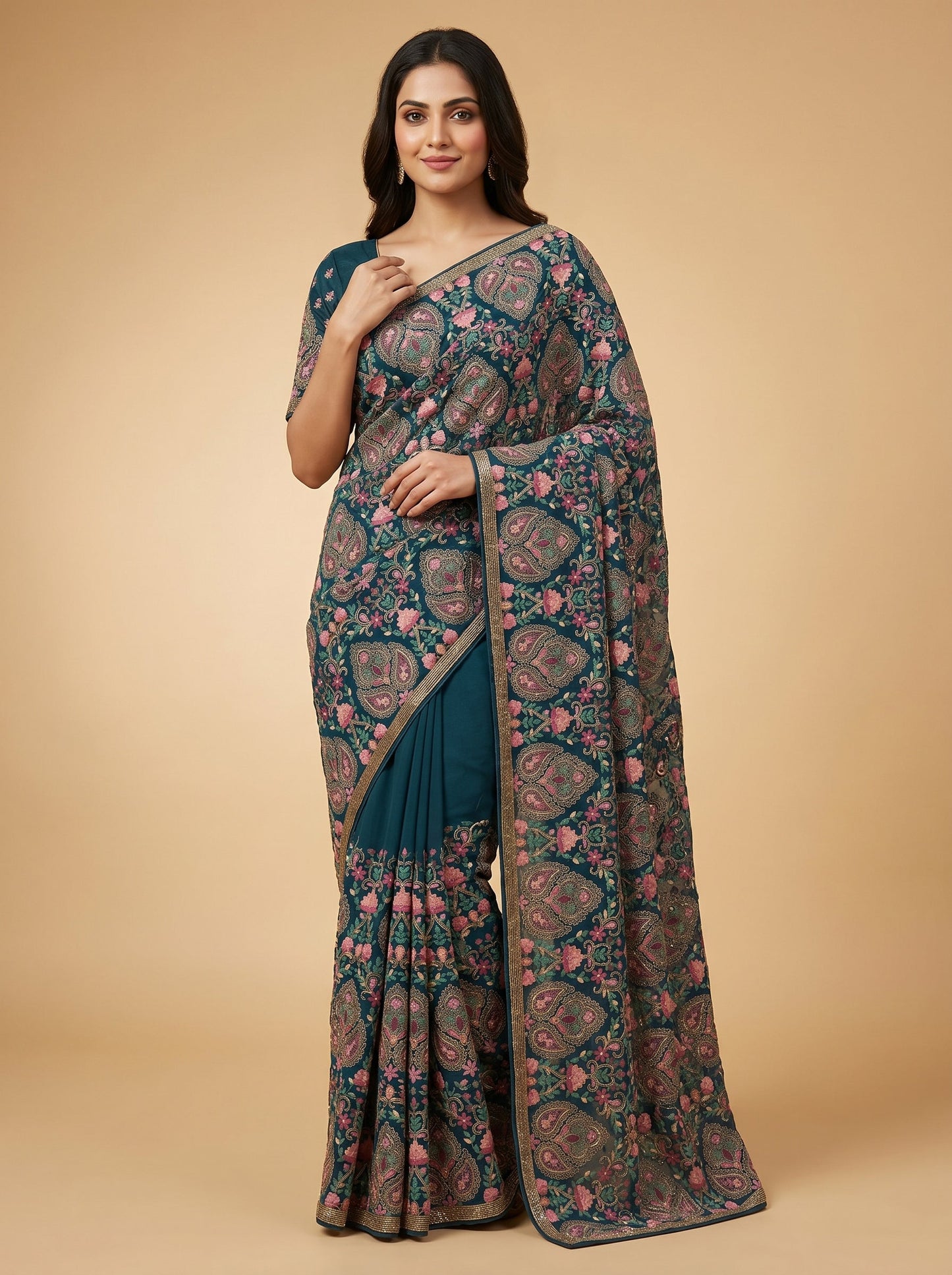 Wine Smooth Tone Embroidered Saree