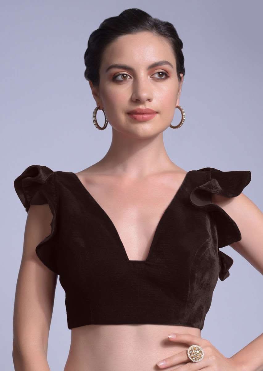 Wine Blouse In Velvet With A Trapeze Neck And Ruffle Sleeves Online - Kalki Fashion