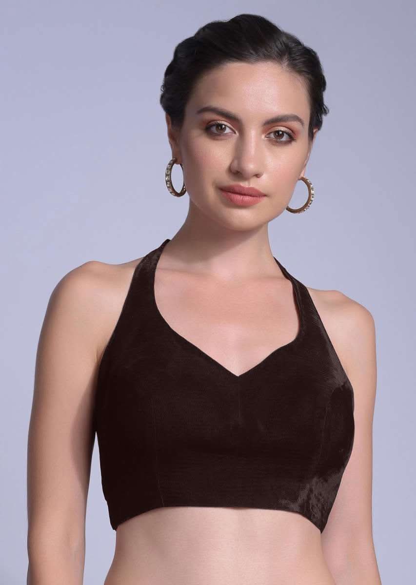 Wine Blouse In Velvet With Halter Straps And Sweetheart Neckline