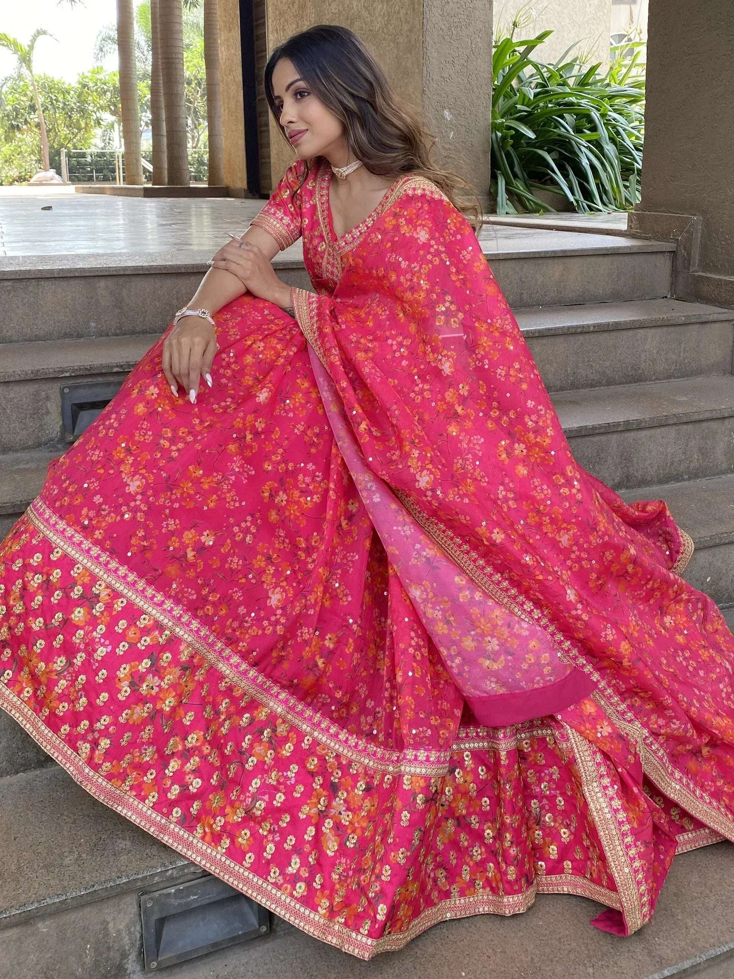 Tulsi Art Wonderful Pink Floral Printed Organza Lehenga Choli With Dupatta