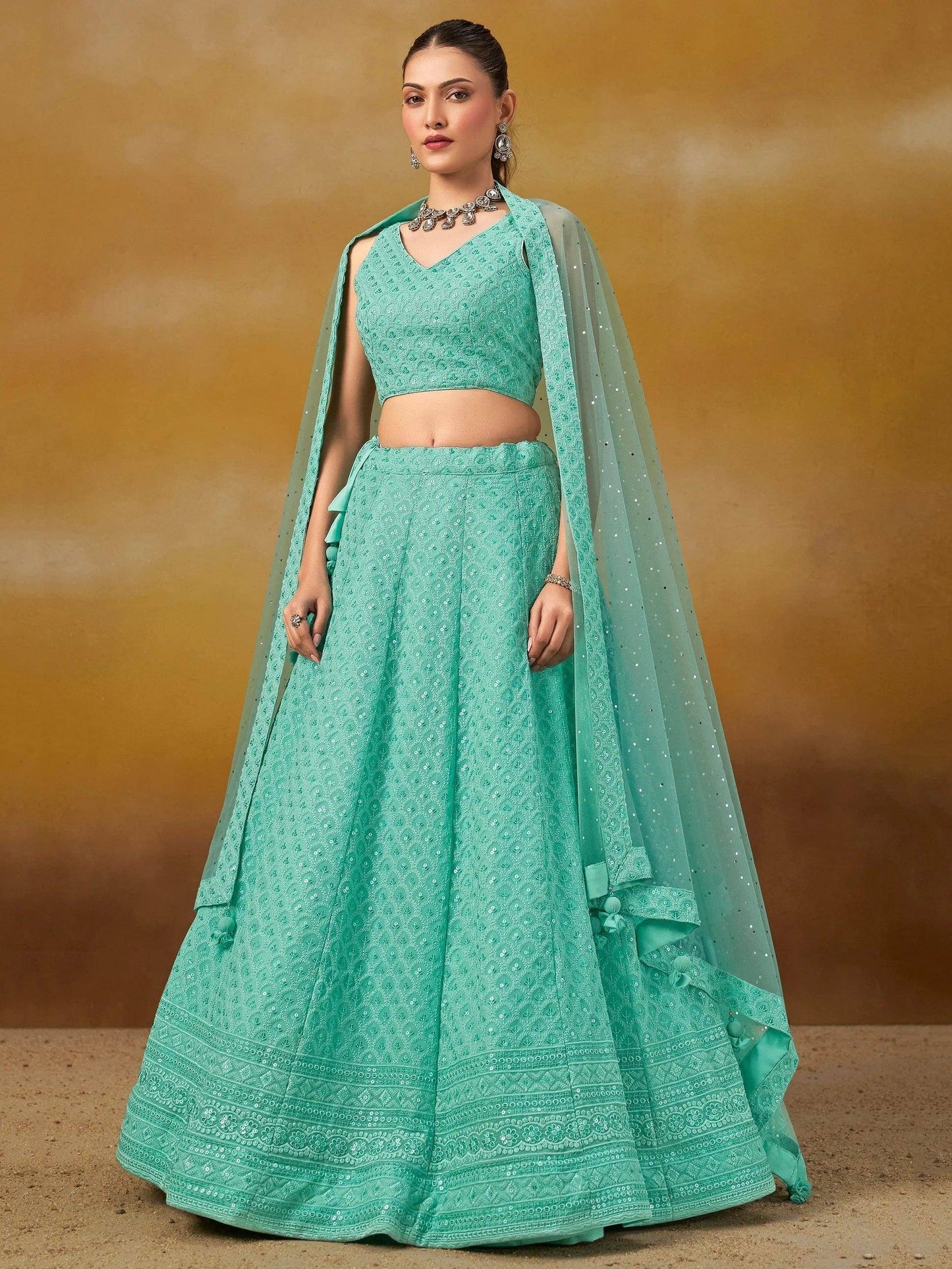 Tulsi Art Wonderful Sky-Blue Thread Work Georgette Wedding Wear Lehenga Choli