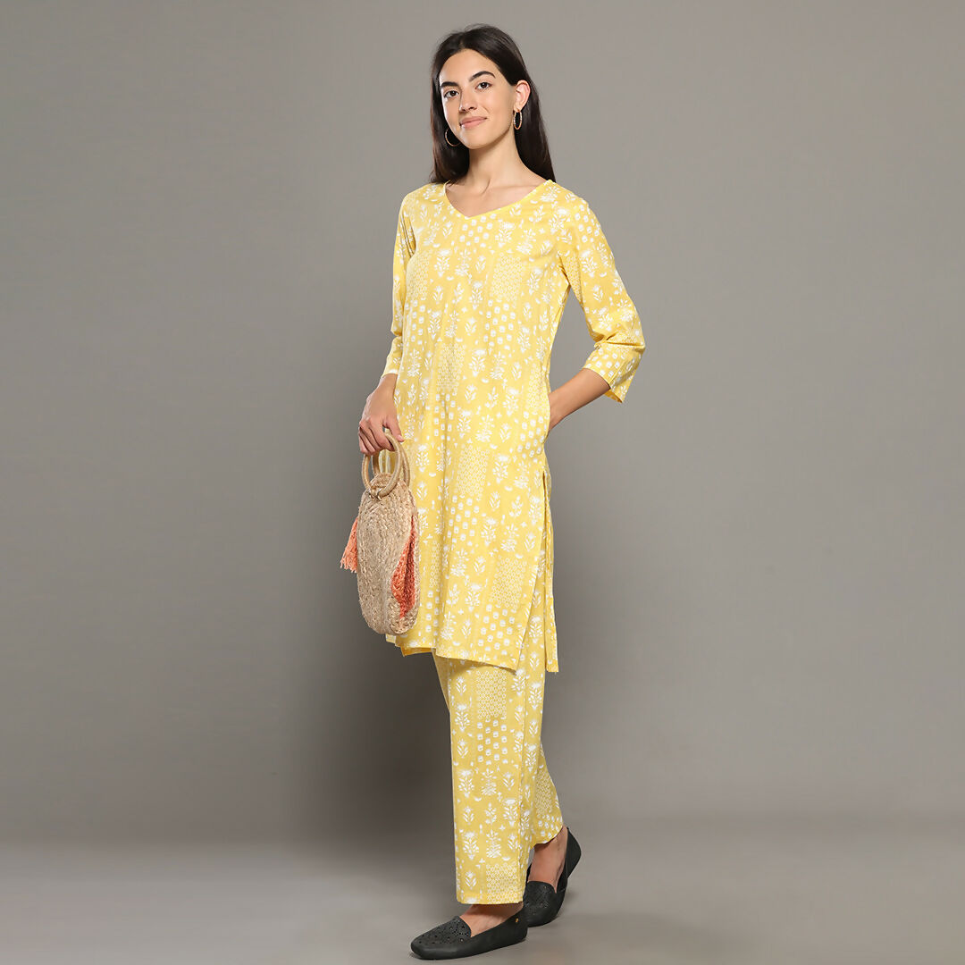 Breathables Women Cotton Printed Loungewear Kurta And Pants Co-Ord Set Yellow I Nightwear | Abstract Print