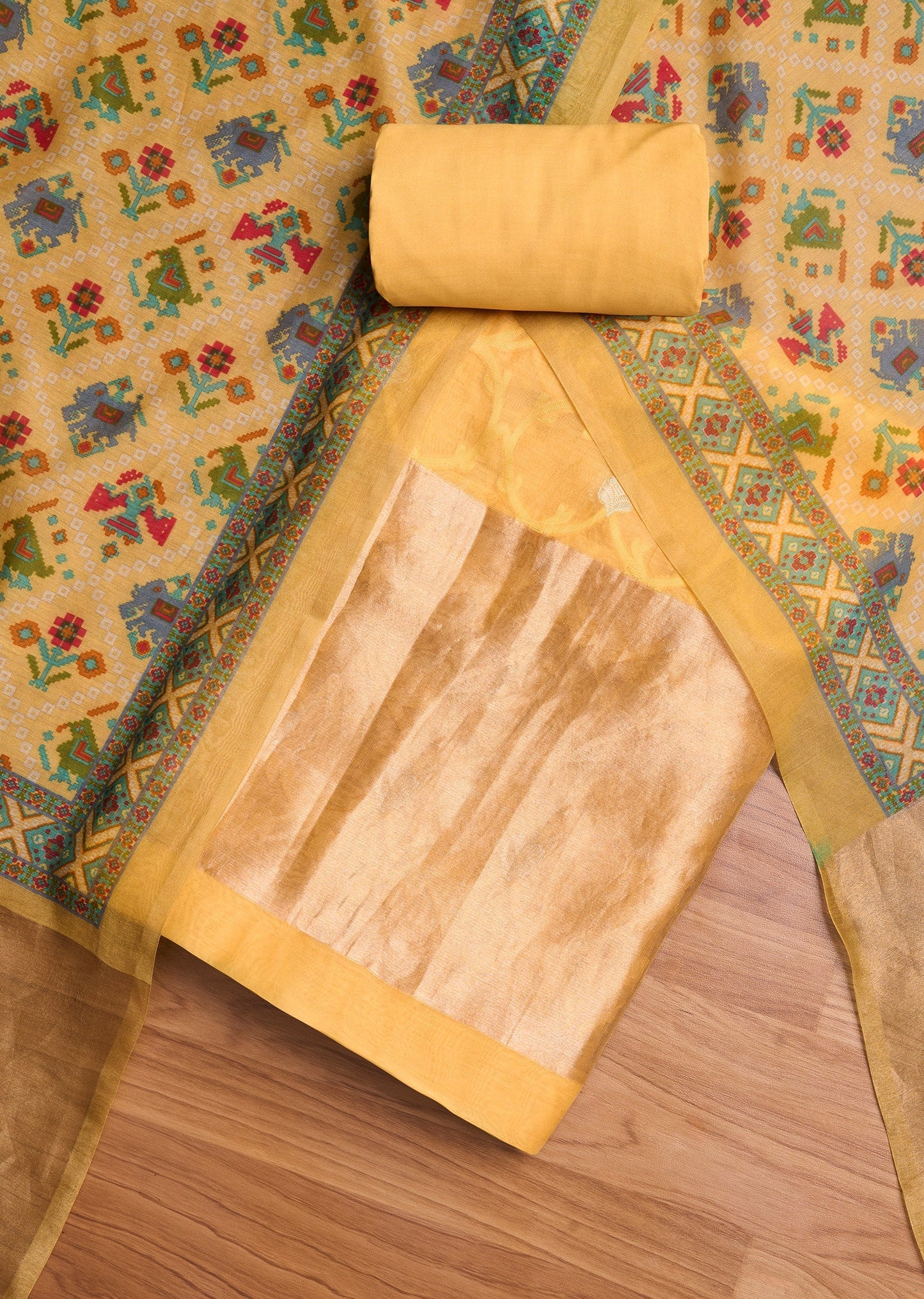 Yellow Chanderi Unstitched Suit Set