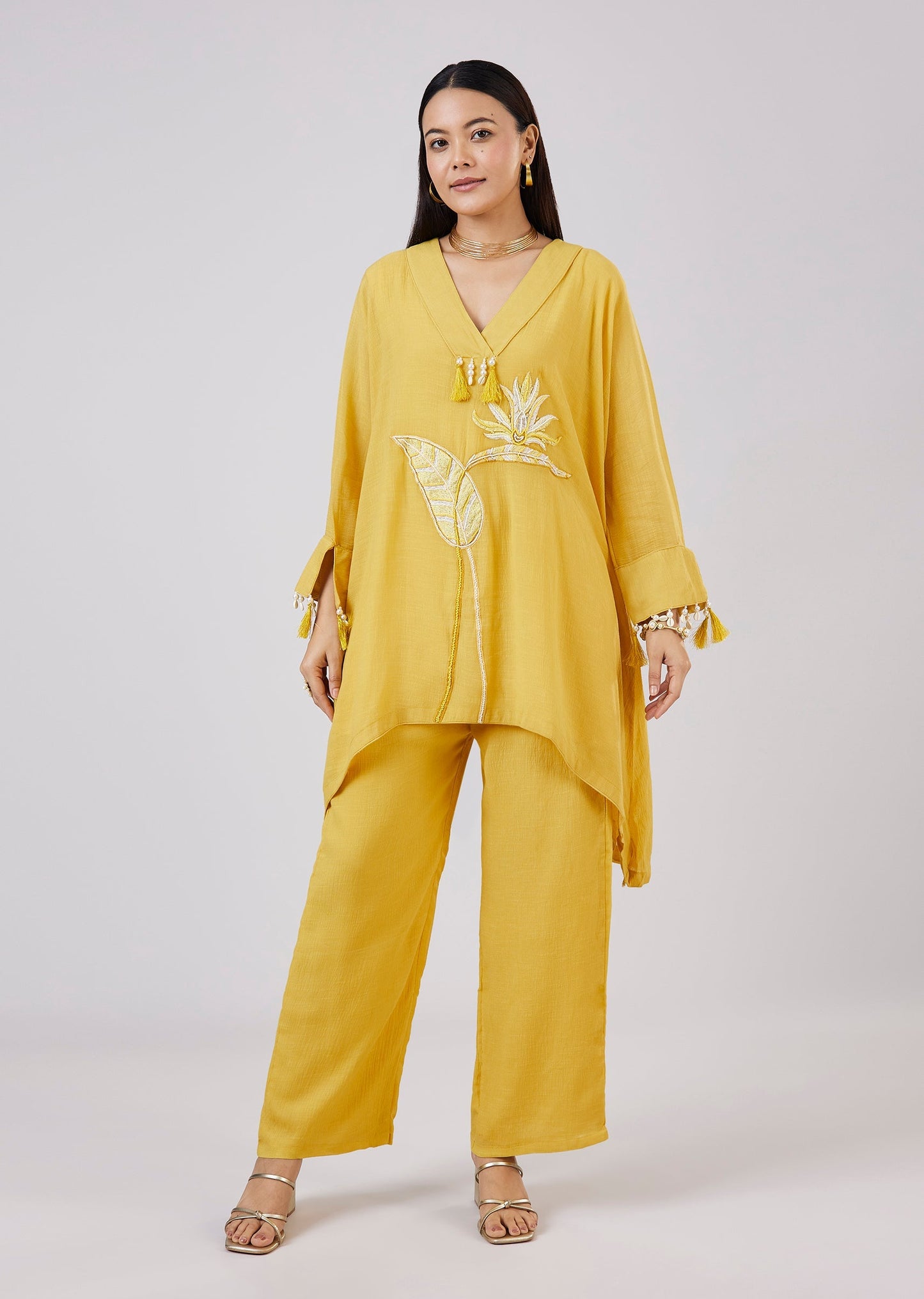 Yellow Cotton Indo Western Coord Set With Resham Work
