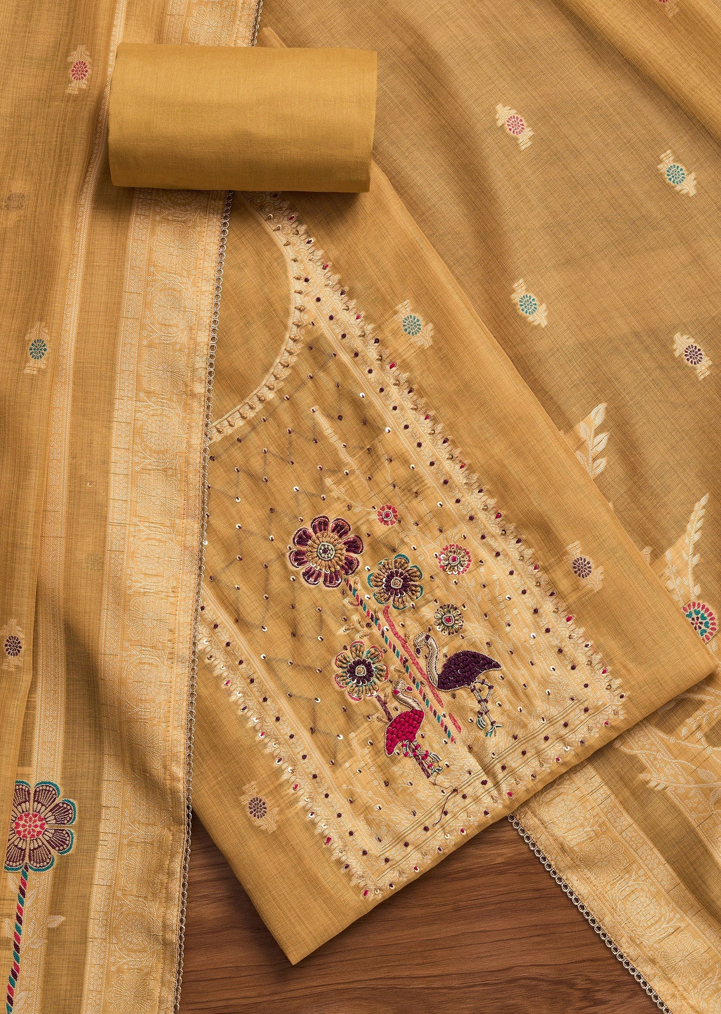 Yellow Cotton Unstitched Suit