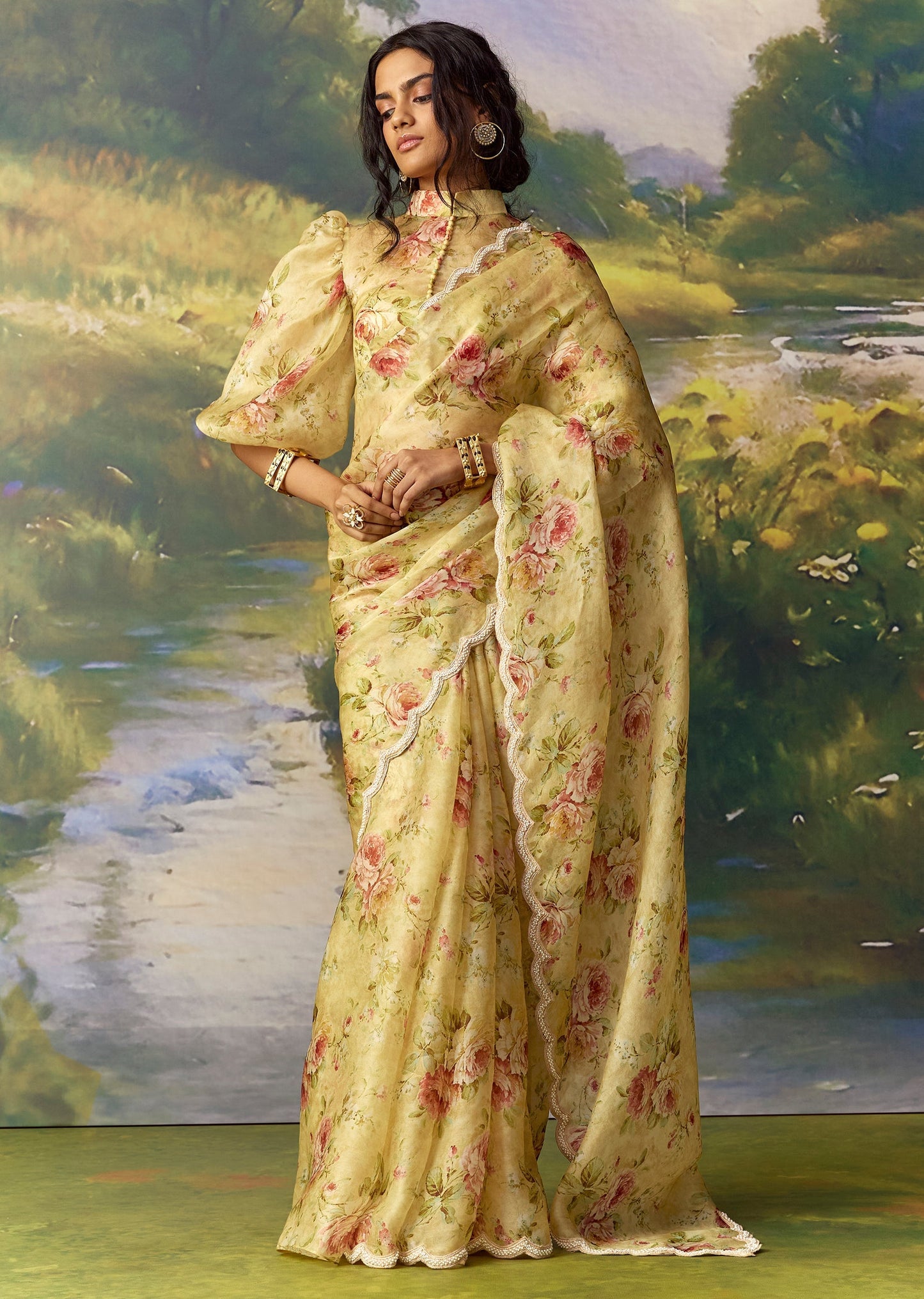 Yellow Organza Ready Pleated Saree Set with Cutdana Work