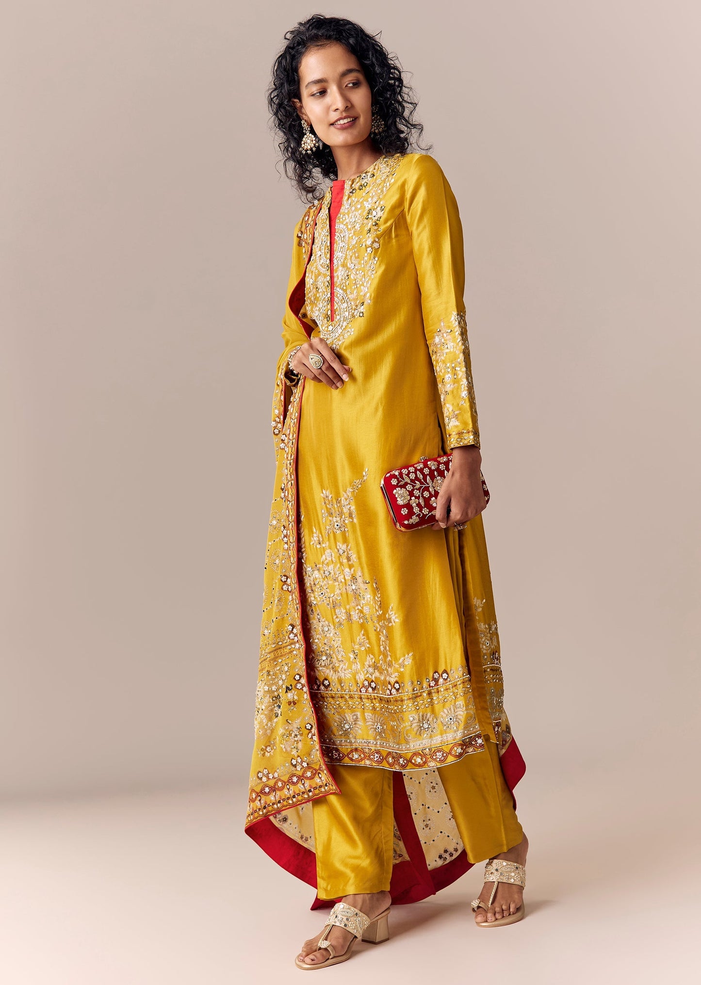Yellow Printed Kurta Pant Set With Sequin Embroidery