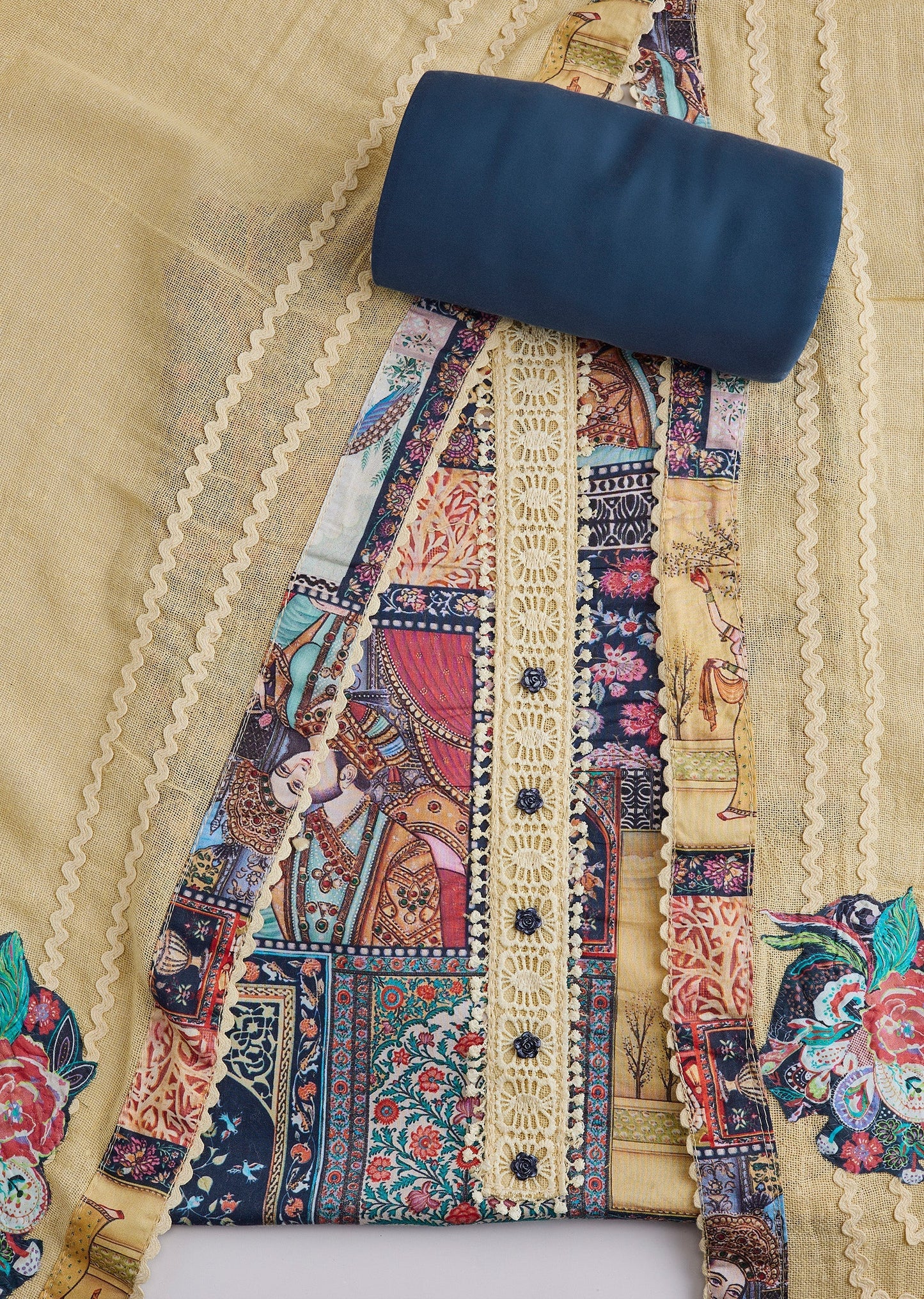 Yellow Printed Unstitched Suit Set With Dupatta