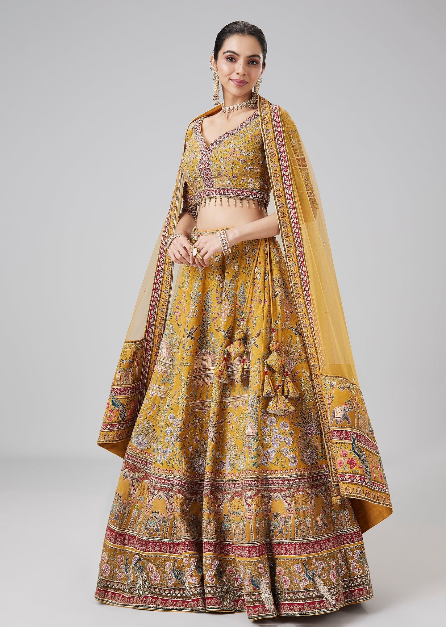 ellow Ethnic Print Lehenga Set With Stone Work