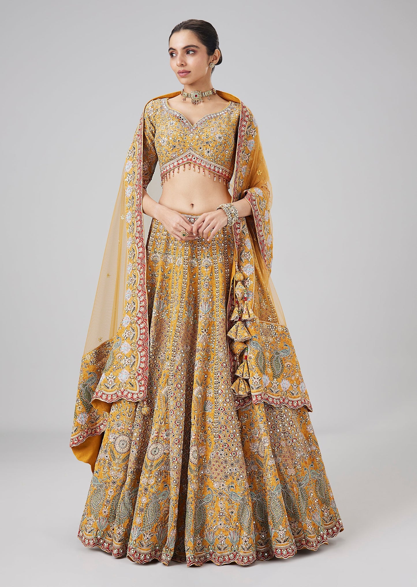 Yellow Printed Zari And Stone Work Lehenga Set With Dupatta