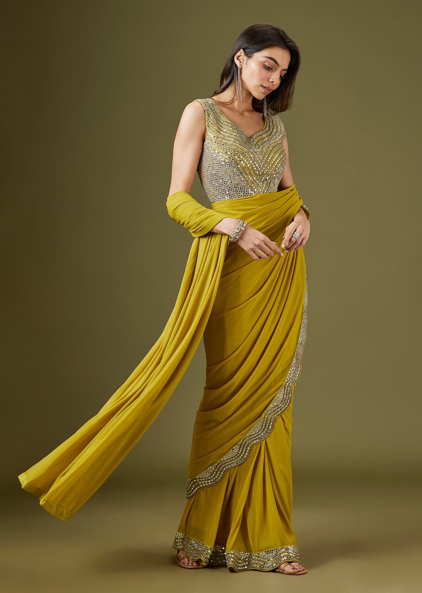 Yellow Ready Pleated Saree With Mirror Embellished Blouse