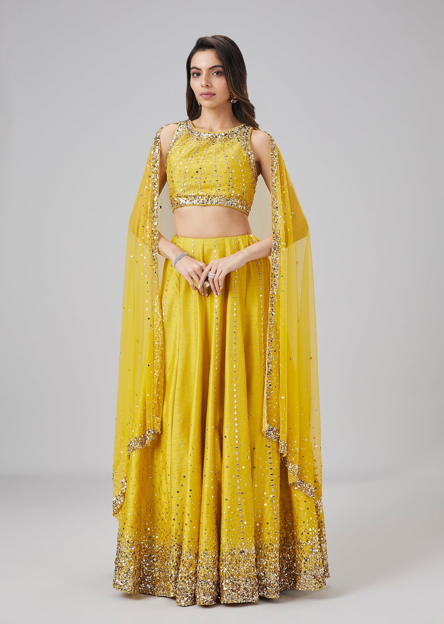 Yellow Sequin And Mirror Work Bridesmaid Lehenga Set