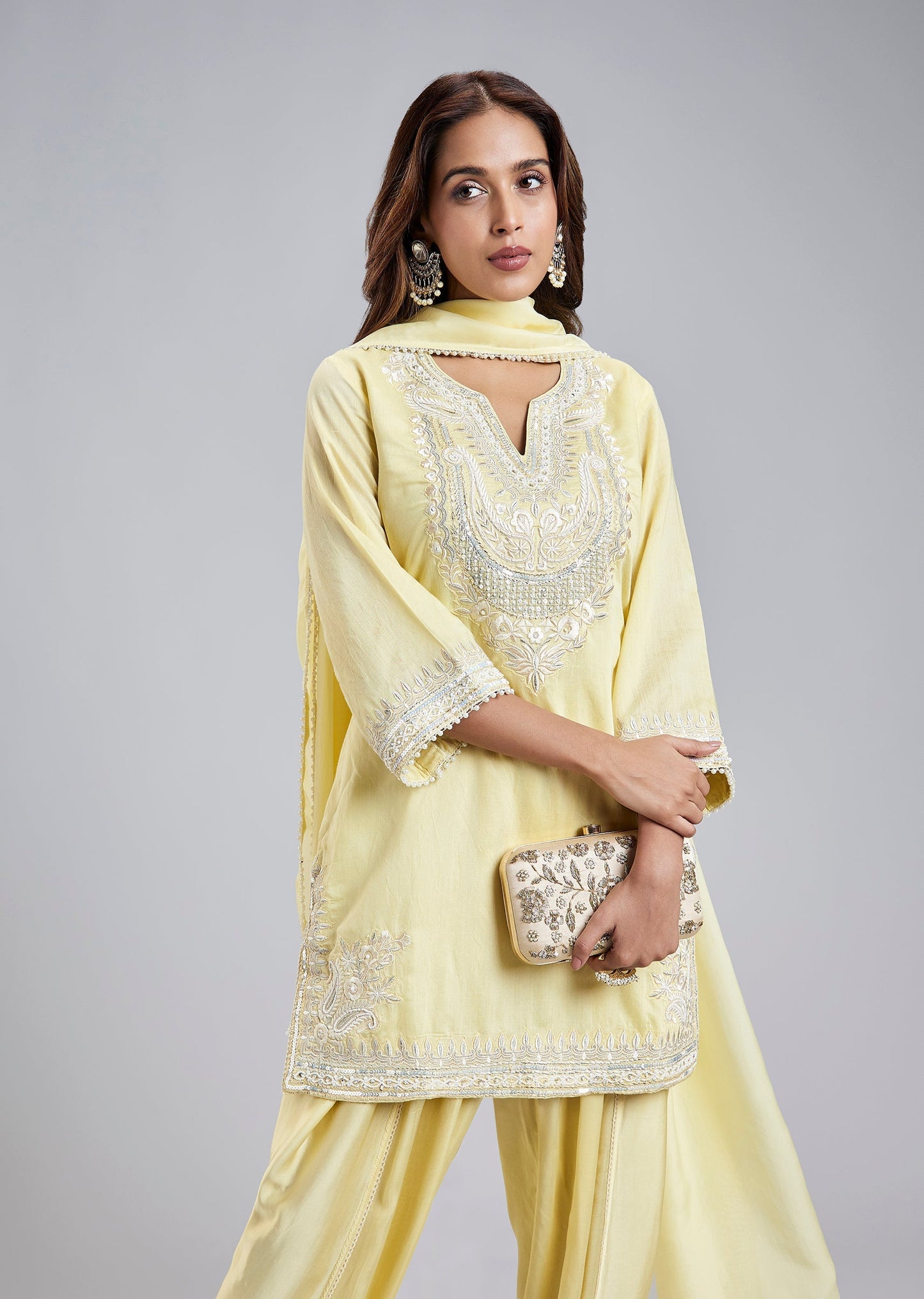 Yellow Silk Blend Dhoti Set With Floral Resham Work And Dupatta