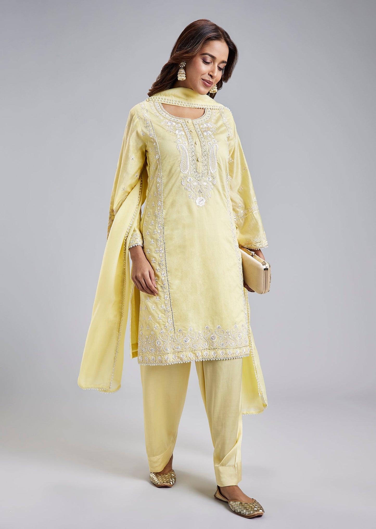 Yellow Silk Blend Patiala Suit With Resham Pearl Work And Dupatta