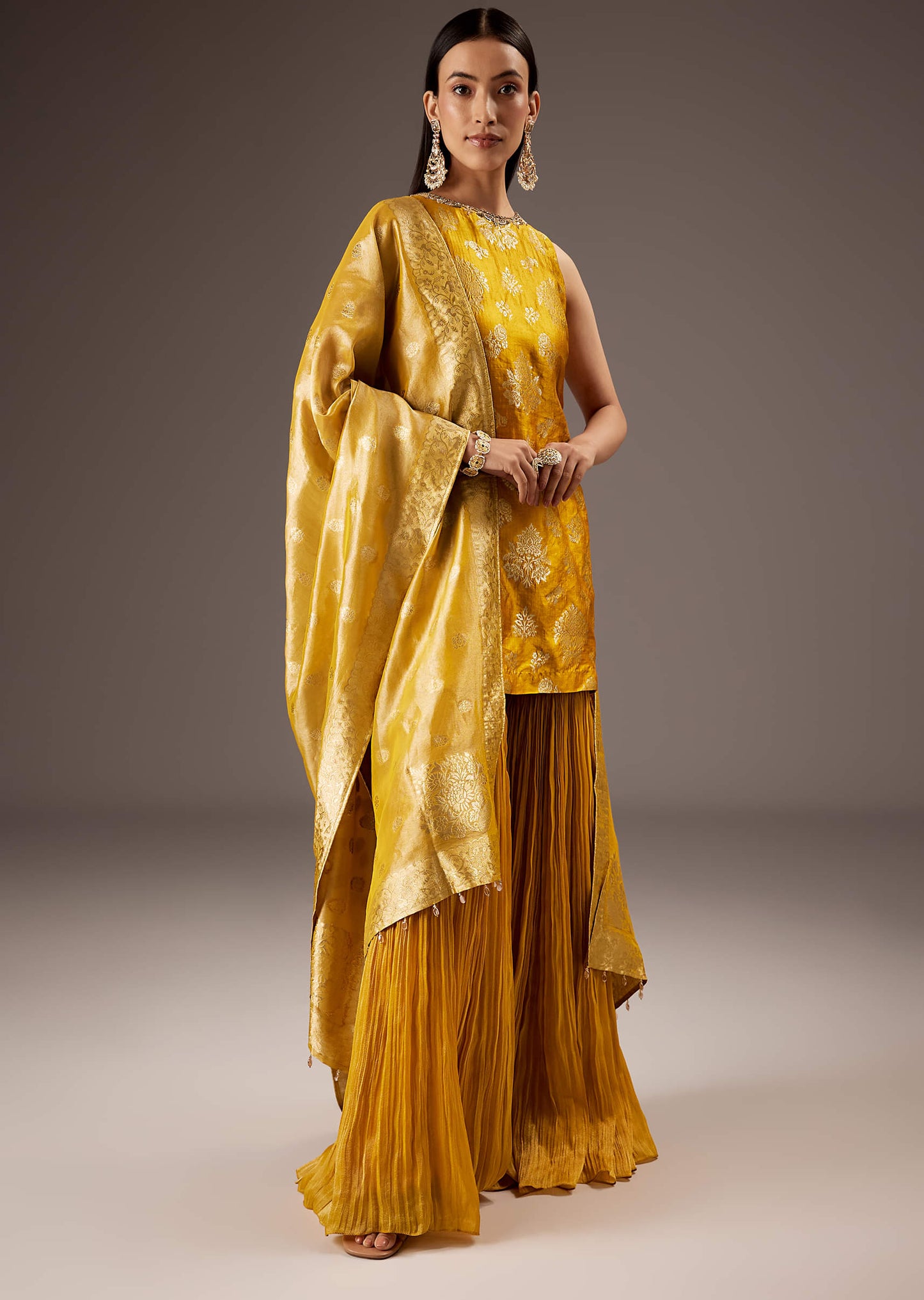Yellow Silk Kanjivaram Palazzo Suit With Banarasi Dupatta