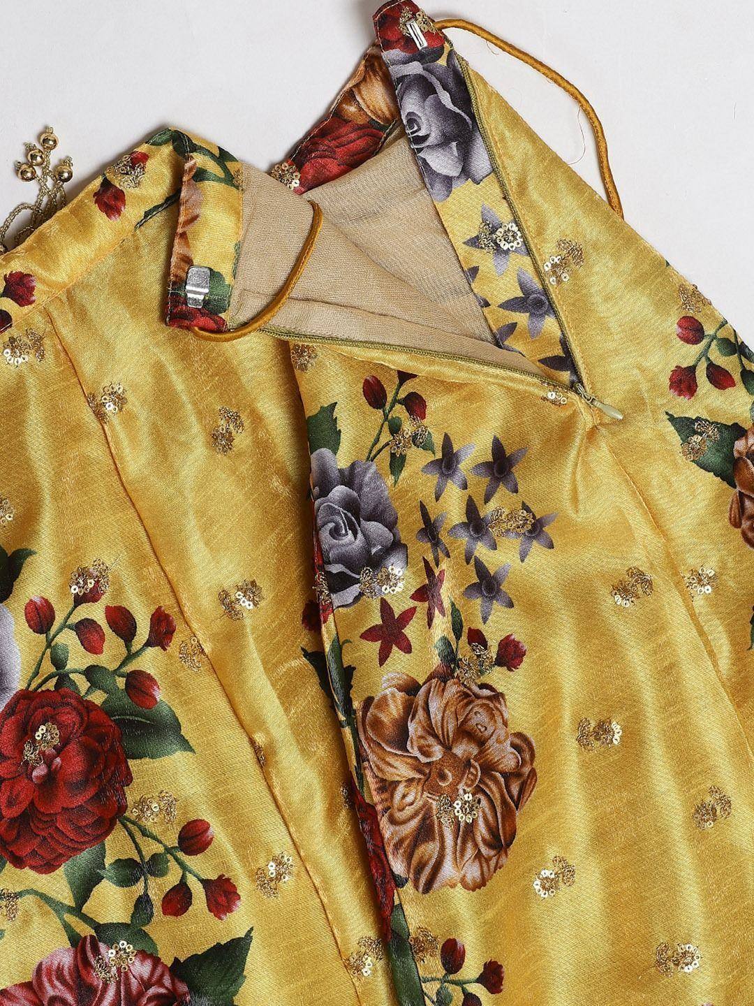 Tulsi Art Yellow & Burgundy Printed Semi-Stitched Myntra Lehenga & Unstitched Blouse With Dupatta