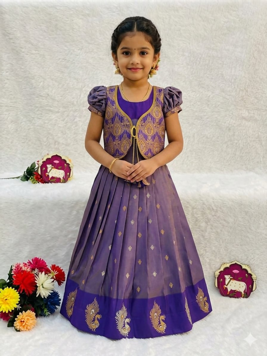 Teeya Creation New Latest Girls Purple Silk Pattu Pavadai Lehenga Choli Set With Brocade Koti-Purple