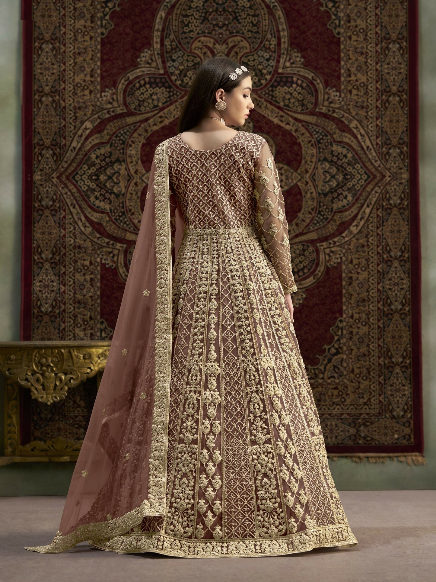 Anaita Coffee Embroidered Net Anarkali Suit