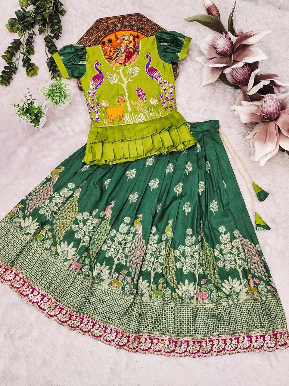 Teeya Creation New Kids Green Color Little Deer Forest Fantasy Lehenga Choli Set -Green