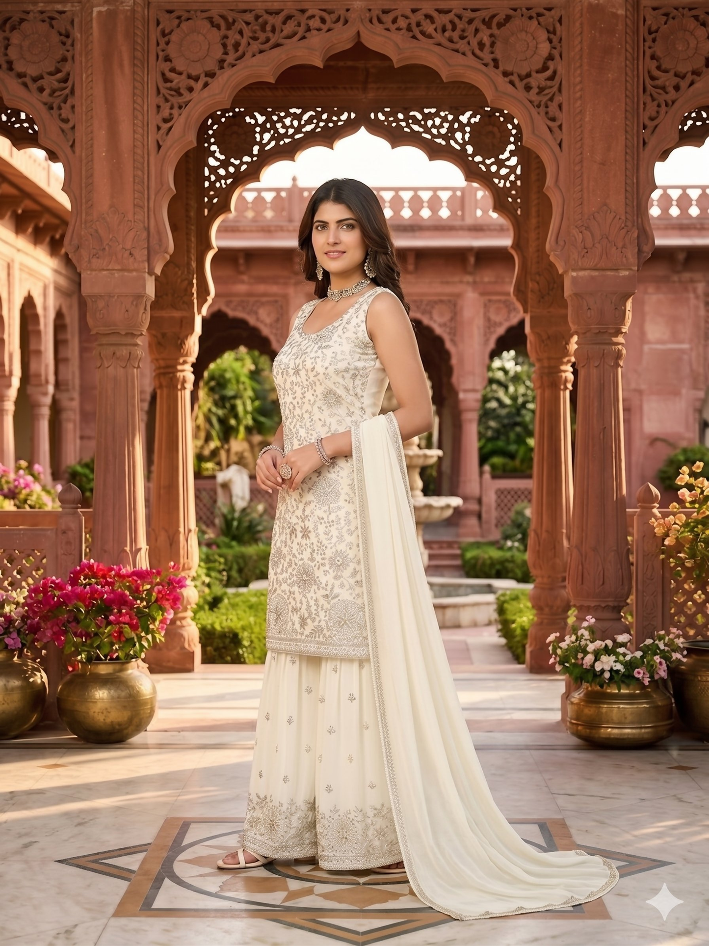 Teeya Creation Women's Georgette White Embroidered Sharara Set With Sequence Work And Lace Border Dupatta