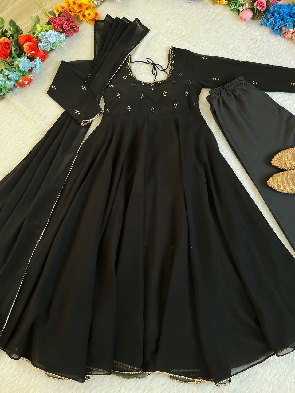 Teeya Creation New Party Wear Look Gerorrget Gown With Pant Dupatta Set - Black