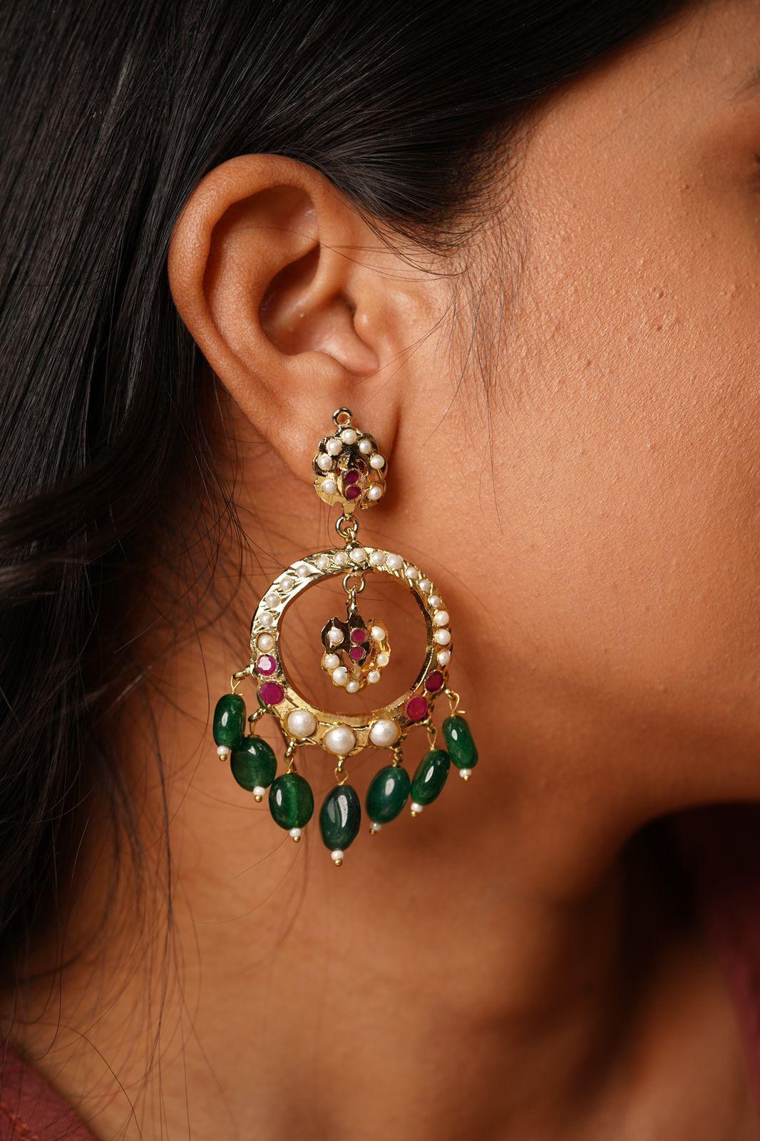 Zahra Medium Sized Jadaau Chandbali | LightWeight Earrings
