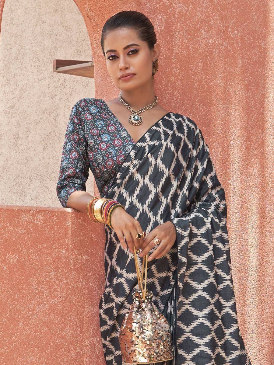 Tulsi Art Embrace Grey Digital Printed Crepe Festivities Saree & Blouse