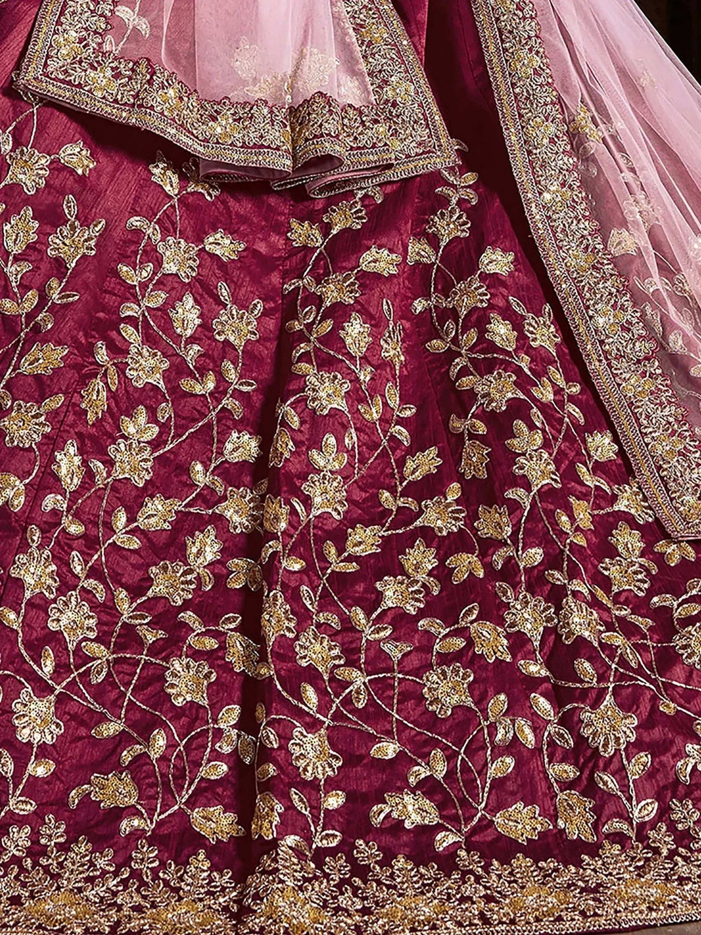 Tulsi Art Maroon Sequins Raw Silk Bridal Lehenga Choli With Pink Dupatta